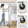 thumbnail image 5 of Single Rail Garment Rack on Wheels 450lbs Heavy Duty Clothes Rack with Shelves Rolling Clothing Rack with Extensible Size 71"L, Portable Adjustable for Hanging Clothes, Chrome Finish, 5 of 7