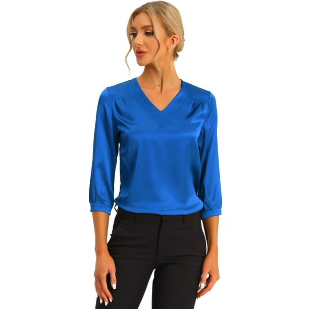 Blusa de satén Allegra K para mujer Camisas informales sólidas cuello En V manga 3/4 Azul Real M