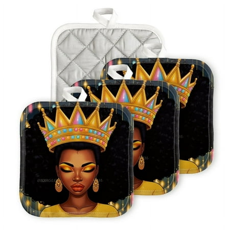 

BaHomeck Pot Holders 4pcs dacron Made Square heat-resisting mat Machine Washable for Kitchen Oven Hot Pads 6.7inch*6.7inch Beautiful African American Queen With Gold Crown