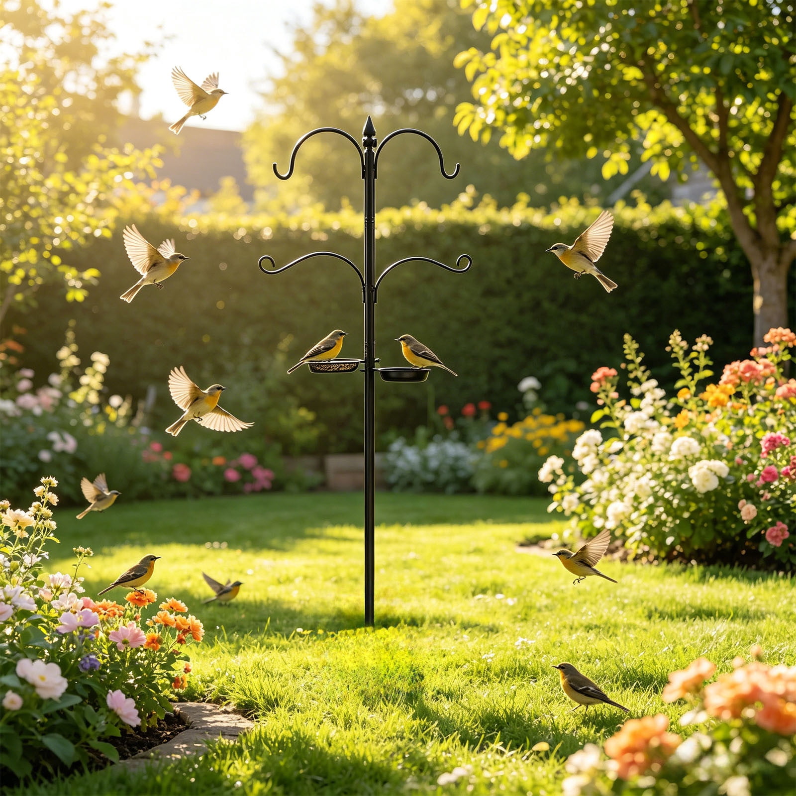 KUKIDSVO 58in Heavy Duty Bird Feeder Pole, 4-Hook Black Iron Garden Stake with Trays for Hanging Plants Lanterns Outdoor Yard Decor