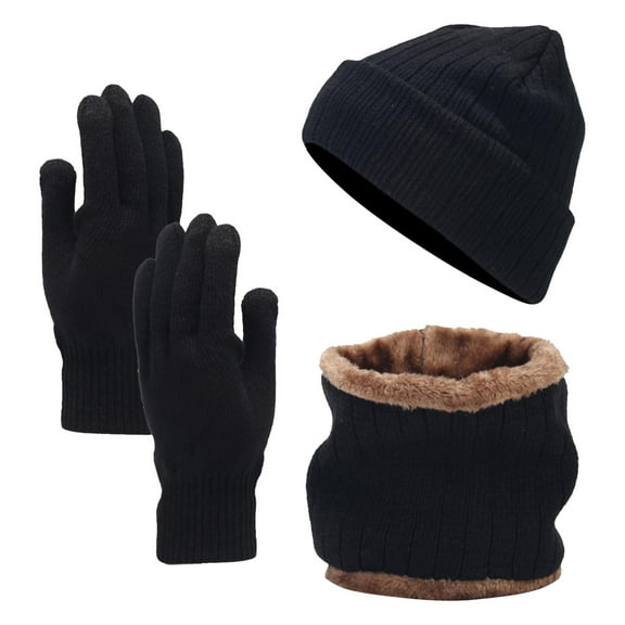 Prolriy Set Beanies Hats Men Women Scarf Gloves Hat Set for Teen Girls Women&Men Autumn Winter Warm Wool Hat Scarf Gloves Three Pieces Scarf for Women Black