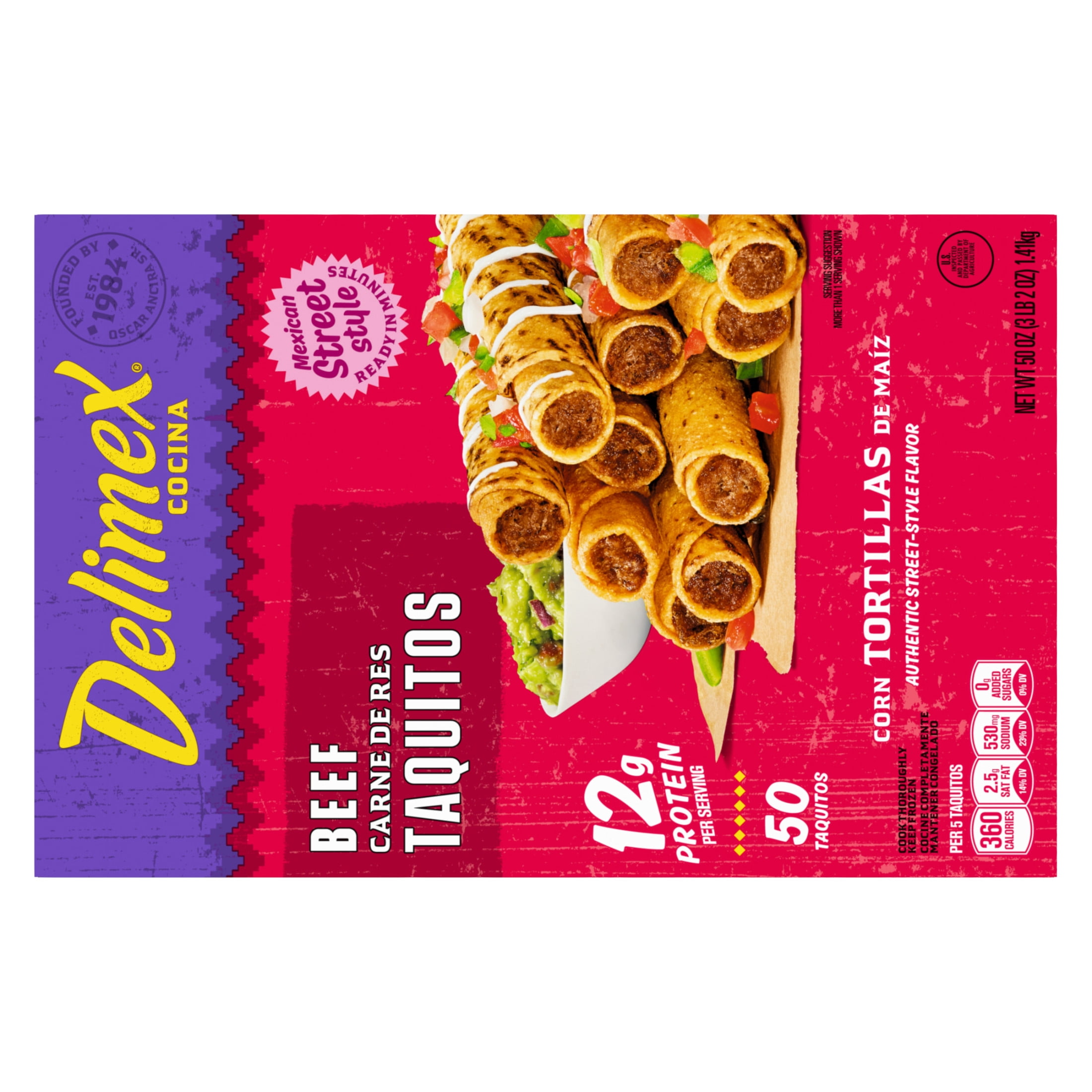 Delimex Beef Taquitos Frozen Snacks, 50 Count Box
