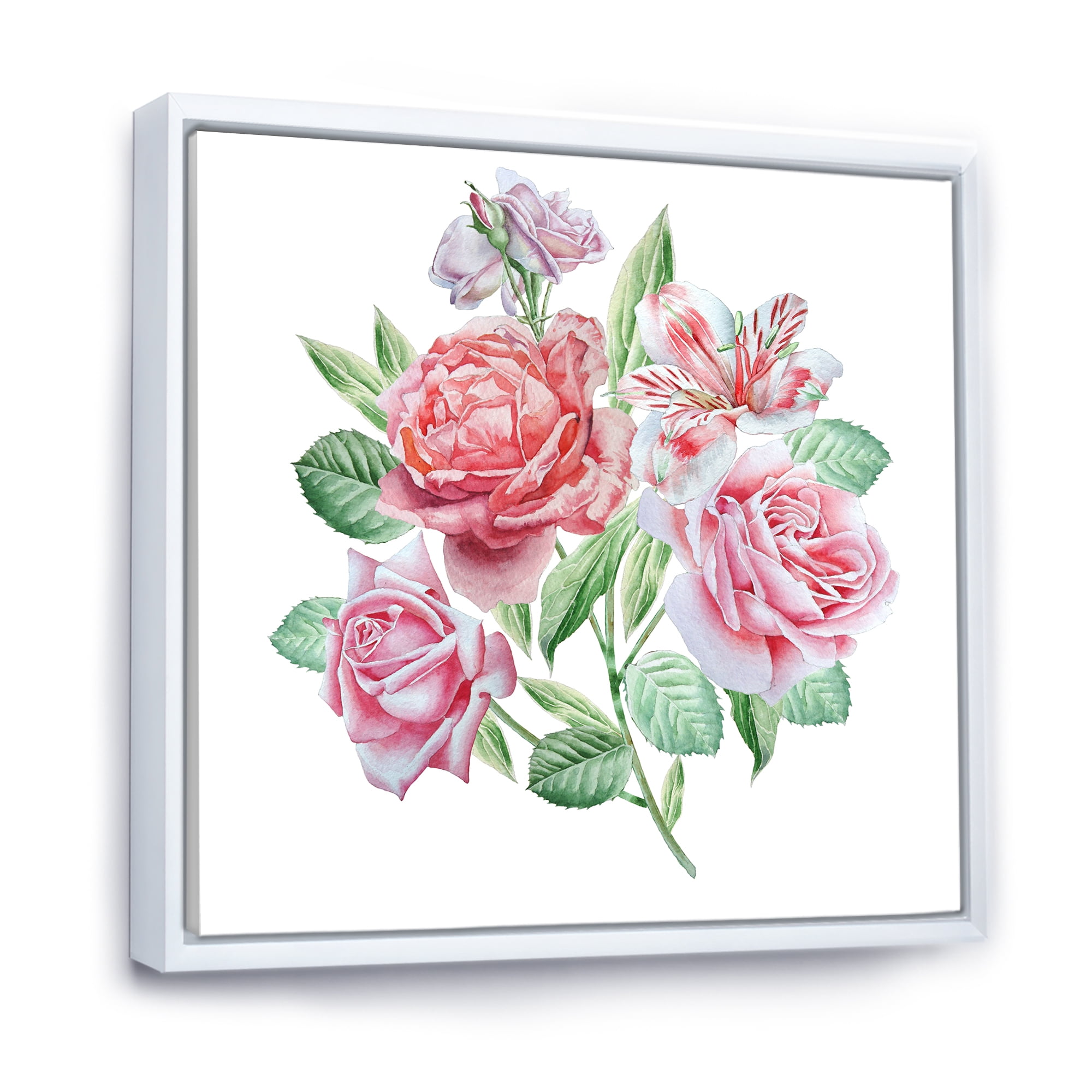 Designart 'Spring Flowers Alstroemeria Pink Roses' Traditional Framed Canvas Wall Art Print