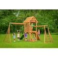 thumbnail image 3 of Creative Cedar Designs Mountain View Lodge Cedar Swingset with Wooden Roof, Monkey Bars, Climbing Wall & Rope, Slide, Sandbox, Belt Swings and Trapeze, 3 of 10