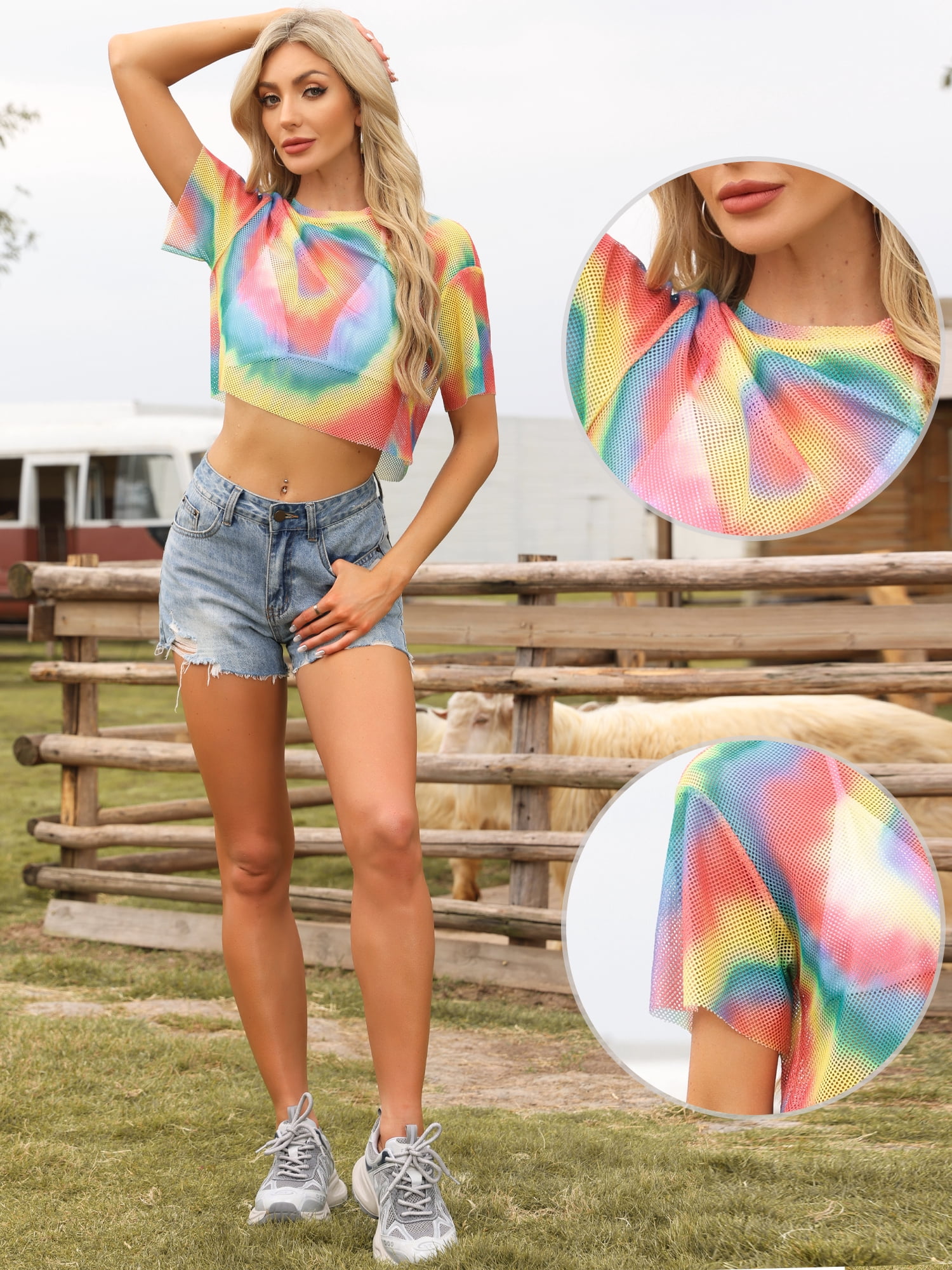 DARING DIVA Women's Mesh Fishnet Top Short Sleeve See Through Cover Up XL Rainbow