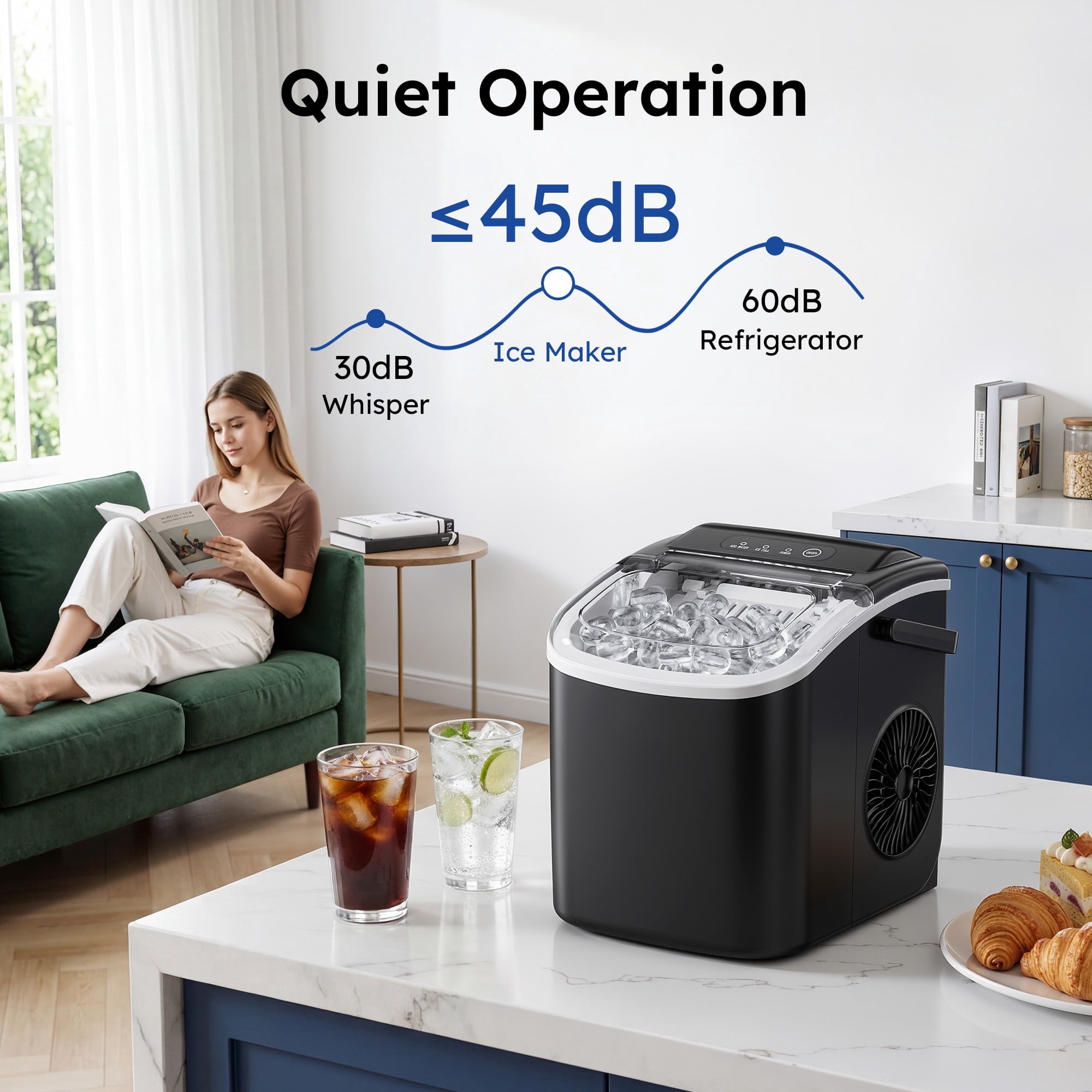 Simzlife 26 lbs/24H Countertop Ice Maker Machine, 9 Bullet-Shaped Ice in 6 Min, Auto-Cleaning Portable Ice Maker for Kitchen, Home, Office, RV, Black
