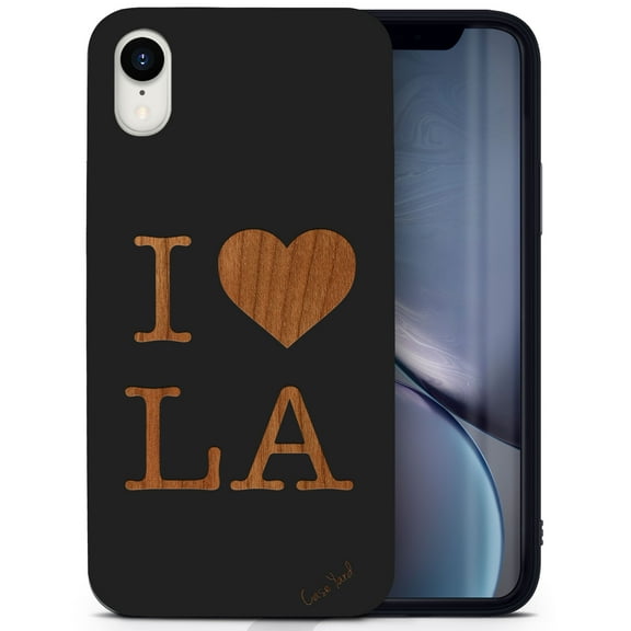 Wood phone case for iPhone XR compatible protective cell phone cover shockproof slim fit laser engraved Love LA design Black wood case for Men & Women by CaseYard