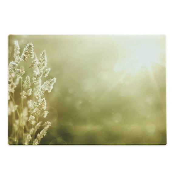 Fall Cutting Board, Sunrise on Autumn Meadow Grass Field Nature Seasonal Scenic Forest View Print, Decorative Tempered Glass Cutting and Serving Board, Large Size, Pale Yellow Green, by Ambesonne