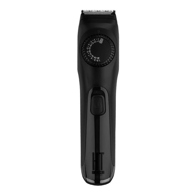 cortador de cabello y barba hot tools mens nava acero recargable negro, vista frontal centrada de recortadora ergonómica con cuchilla de precisión, rueda ajustable de longitudes, botón de encendido y cuerpo liviano con logo en la base sobre fondo blanco; también suele usarse para detalles y contornos faciales.
