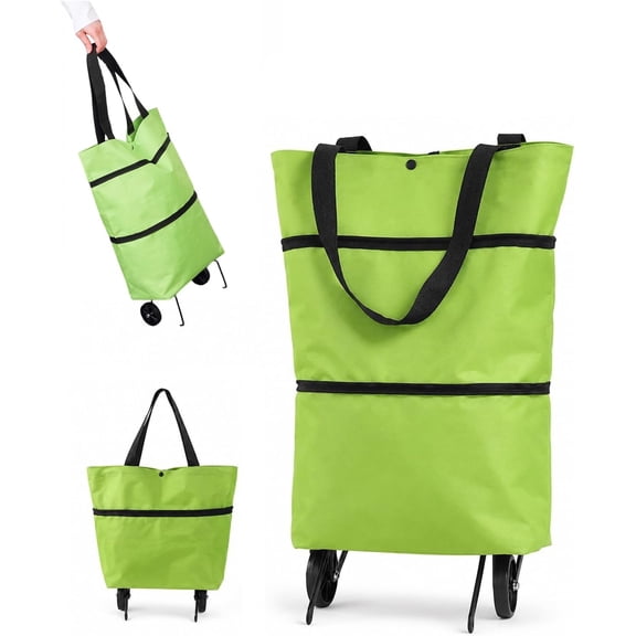 Foldable Shopping Bag with Wheels, 2-in-1 Foldable Shopping Cart, Waterproof Rolling Grocery Tote with Sturdy Handle