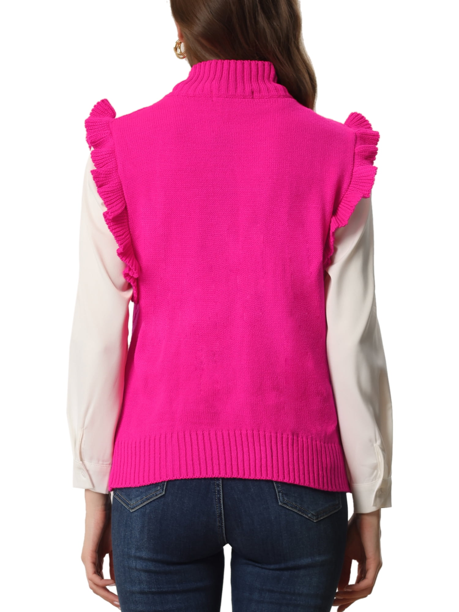 Unique Bargains Women's Ruffle Sleeve Solid Mock Neck Cable Knit Pullover Sweater