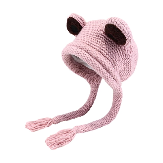 Gorro de invierno para mujer, gorro de punto, gorro cálido, tocado con orejeras, gorro de rana Rosa