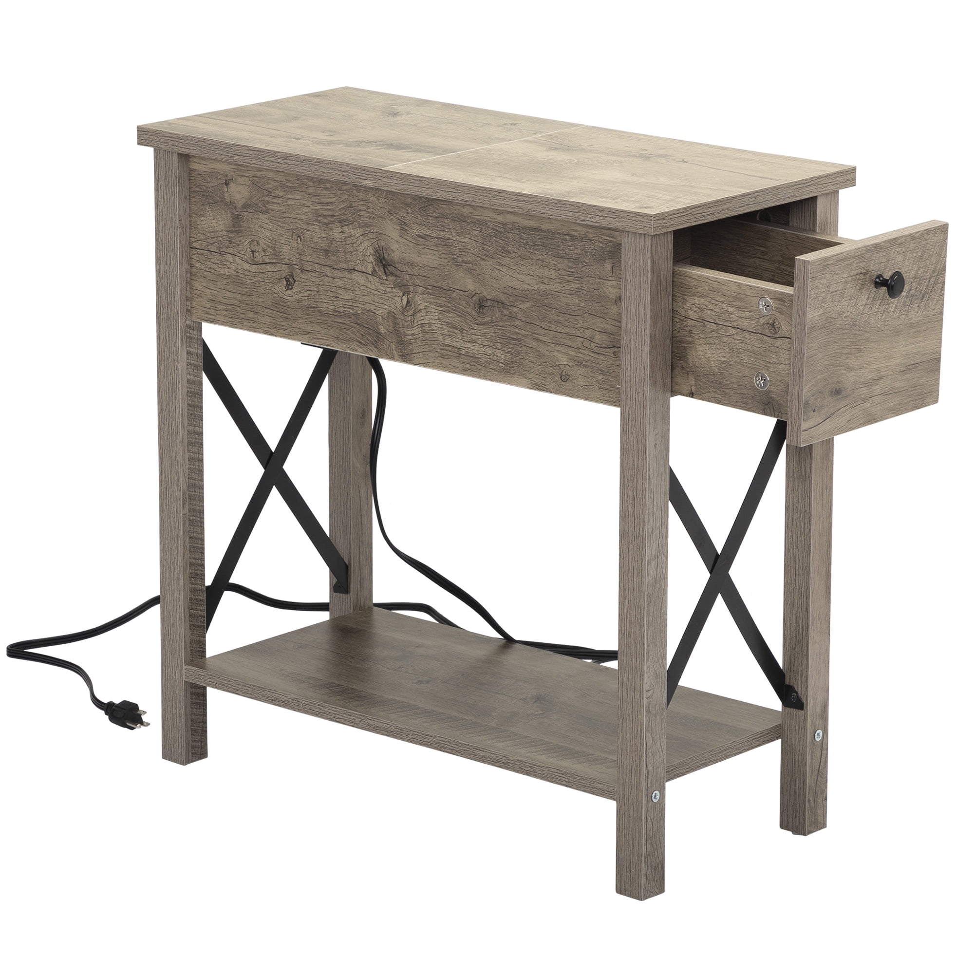 Sesslife Drawer End Table, Flip Top Storage Side Table for Living Room Bedroom, Farmhouse Style