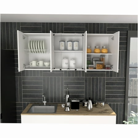 JERFIT 60" Modern White Wall Mounted Kitchen Cabinet with Glass Doors & Storage Shelves