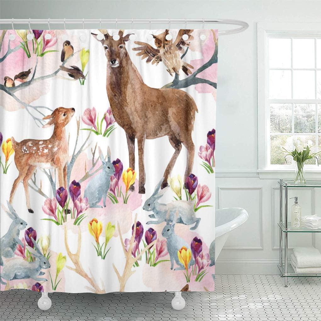Watercolor Deer Rabbit Flowers Leaf Shower Curtain Bathroom Mat Waterpoof Fabric 