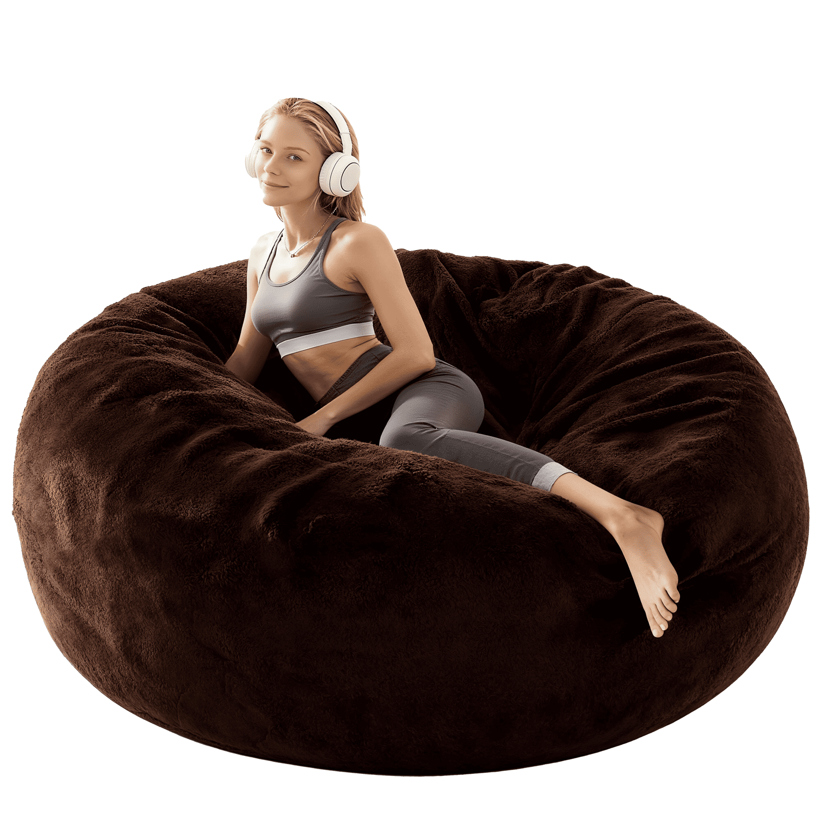 Sanae 6FT Large Bean Bag Chair, Memory Foam Sofa with Washable Suede Cover, Reinforced Zipper for Adults Kids, Reading, Living Room Bedroom, Brown