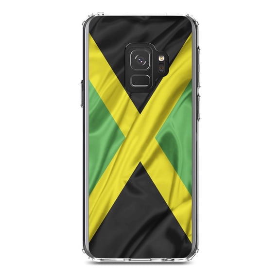 DistinctInk Clear Shockproof Hybrid Case for Samsung Galaxy S9 (5.8" Screen) - TPU Bumper, Acrylic Back, Tempered Glass Screen Protector - Jamaica Waving Flag Black Green Yellow - Jamaica