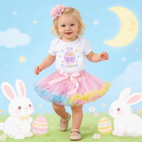 Baby Girls My 1st Easter 3Pcs Outfit Set Ruffle Sleeve Bunny Print Bodysuit Rainbow Tutu Skirt with Matching Hairband for Infant