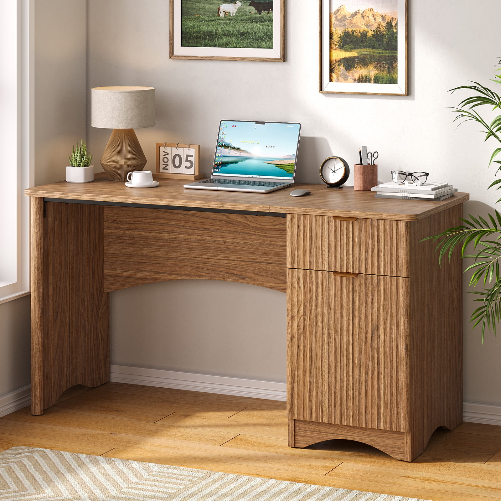 Bestier 47" Computer Desk with Drawer, Modern Home Office Desk with Storage Cabinet, Fluted PC Study Writing Desk for Small Spaces, Brown Oak