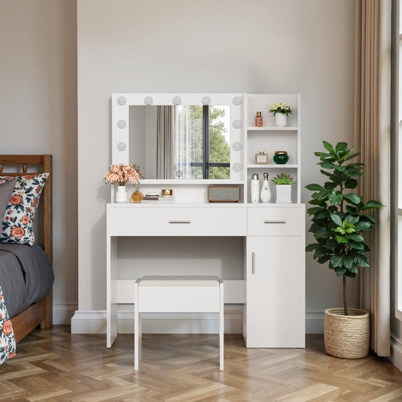 ALAULM 39.4" Vanity Mirror with Lights,Modern Lighted Vanity Table with 3 Drawers & 3 Storage Shelves,with White Vanity Chair,Three Adjustable Lighting Modes,Bedroom Vanity Desk,White