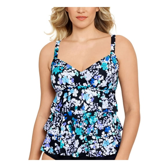 SWIM SOLUTIONS Women's Black Floral Stretch Fixed Cups Lined Ruffled Deep V Neck Tiered Dancing Queen Tankini Swimsuit Top 8