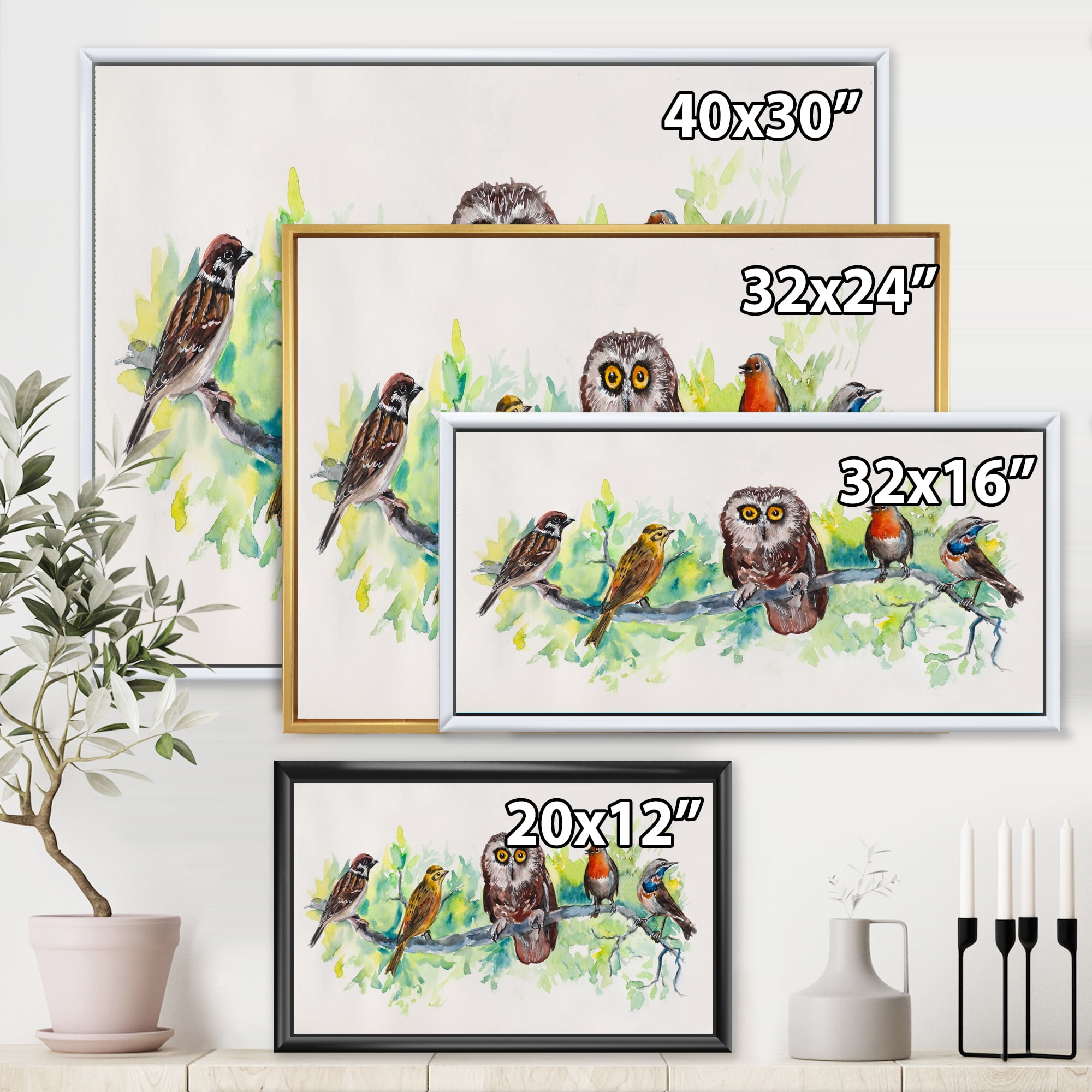 Designart 'Bird Friends With Owl On A Branch' Traditional Framed Canvas Wall Art Print