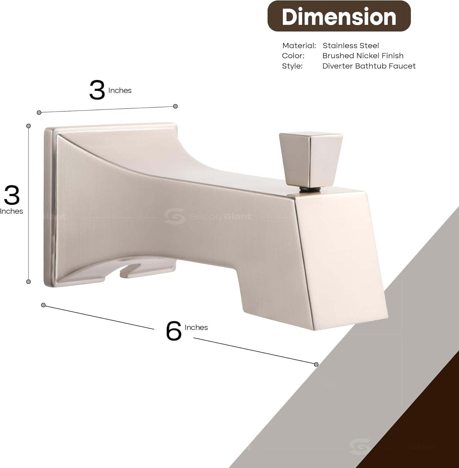 SUPPLYGIANT™ Tub Spout with Diverter 6" Square Bathtub Faucet with Decorative Brushed Nickel Finish