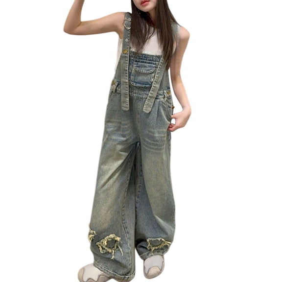 Coerni Girls Denim Overalls Y2k Kids Wide Leg Jeans Jumpsuit Bib Overall Pockets Tween Straight Hip Hop Coverall Girls Romper