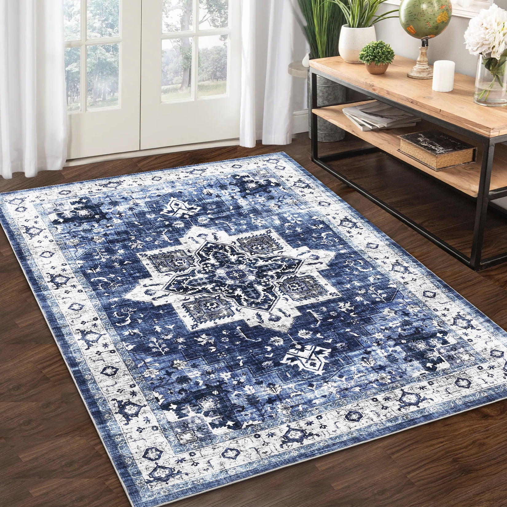 Hasoo Area Rug 4' x 6' Machine Washable Area Rug Indoor Vintage Rug 4' x 6' Persian Rug Bohemian Area Rug for Living Room Bedroom, Blue