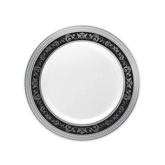 Royal Collection 10 1/4" White w/ Black and Silver Royal Border Banquet Plastic Plates *Case of 120*