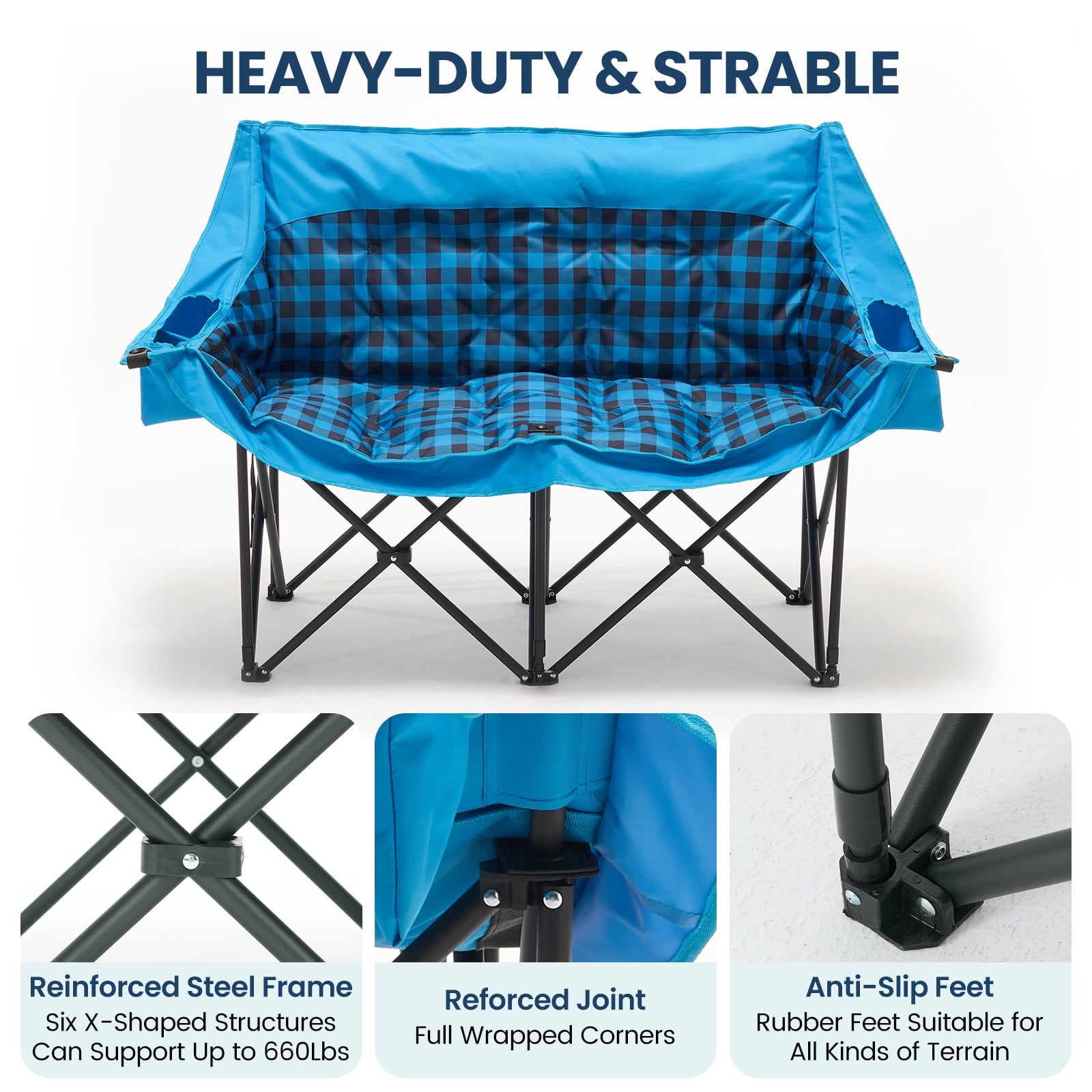 ABORON Oversized Double Camping Chair, Folding 2 Person Camping Chair Loveseat, Extra-Thick Padded Duo Chair Camping Couch, Portable Double Camp Chair, Lawn Chairs, Camping Bench with Carrying Bag