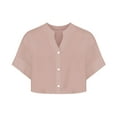 thumbnail image 5 of Otntypg Button Crop Tops for Women Lightweight Casual Summer Short Sleeve V Neck Solid Color Cotton and Linen T-Shirts Loose Fit Cropped Shirts Pink L, 5 of 5