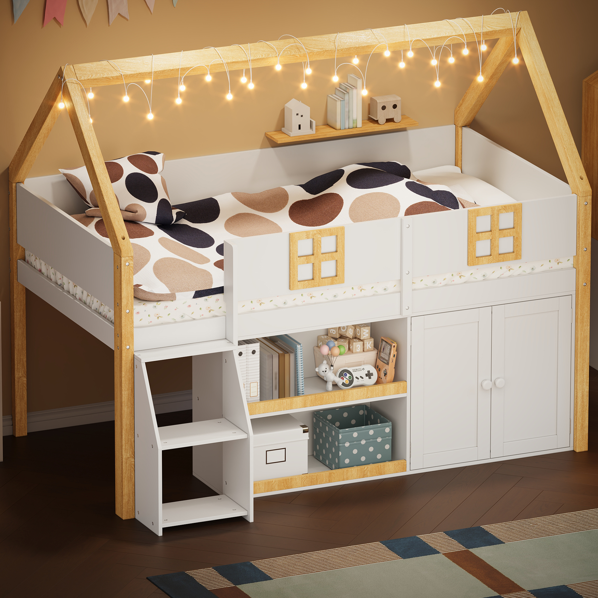 Euroco Wood Full Size Loft Bed withe Storage Cabinets, House Bed with LED Light, White