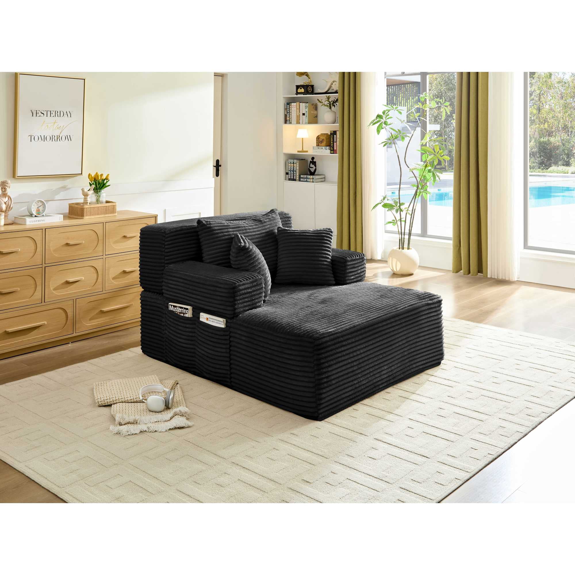 Leumius 70.8" Chaise Lounge Chair Indoor,Oversized Boneless Lounge Chair with Adjustable Backrest & Storage Pocket,Cloud Reading Chair for Living Room Bedroom, No Assembly Required,Black