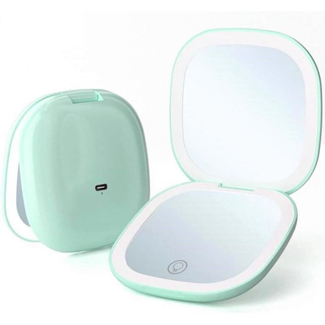 Mpowtech Compact Mirror with LED Light - 3.9 Inches Lighted Travel Makeup Mirror with 1X/10X Magnifying Double Sided Dimmable USB Rechargeable Compact Mirror for Purse,Pocket,Travel,Green