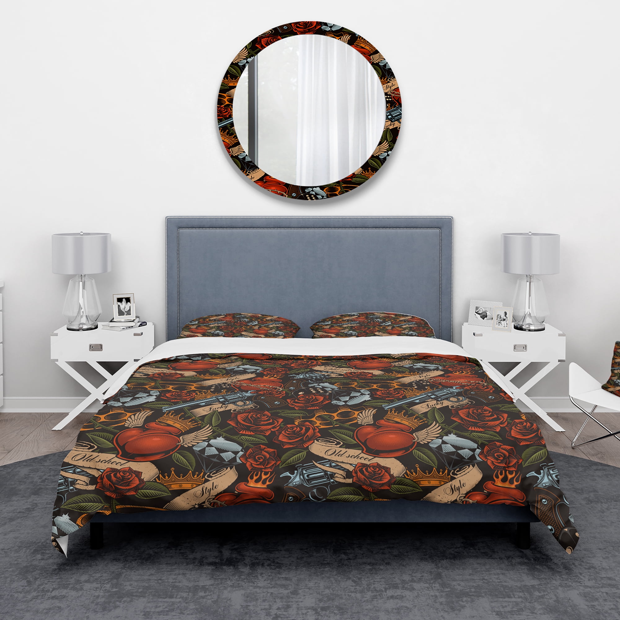 Designart 'Old school tattoo pattern' Floral Duvet Cover Set