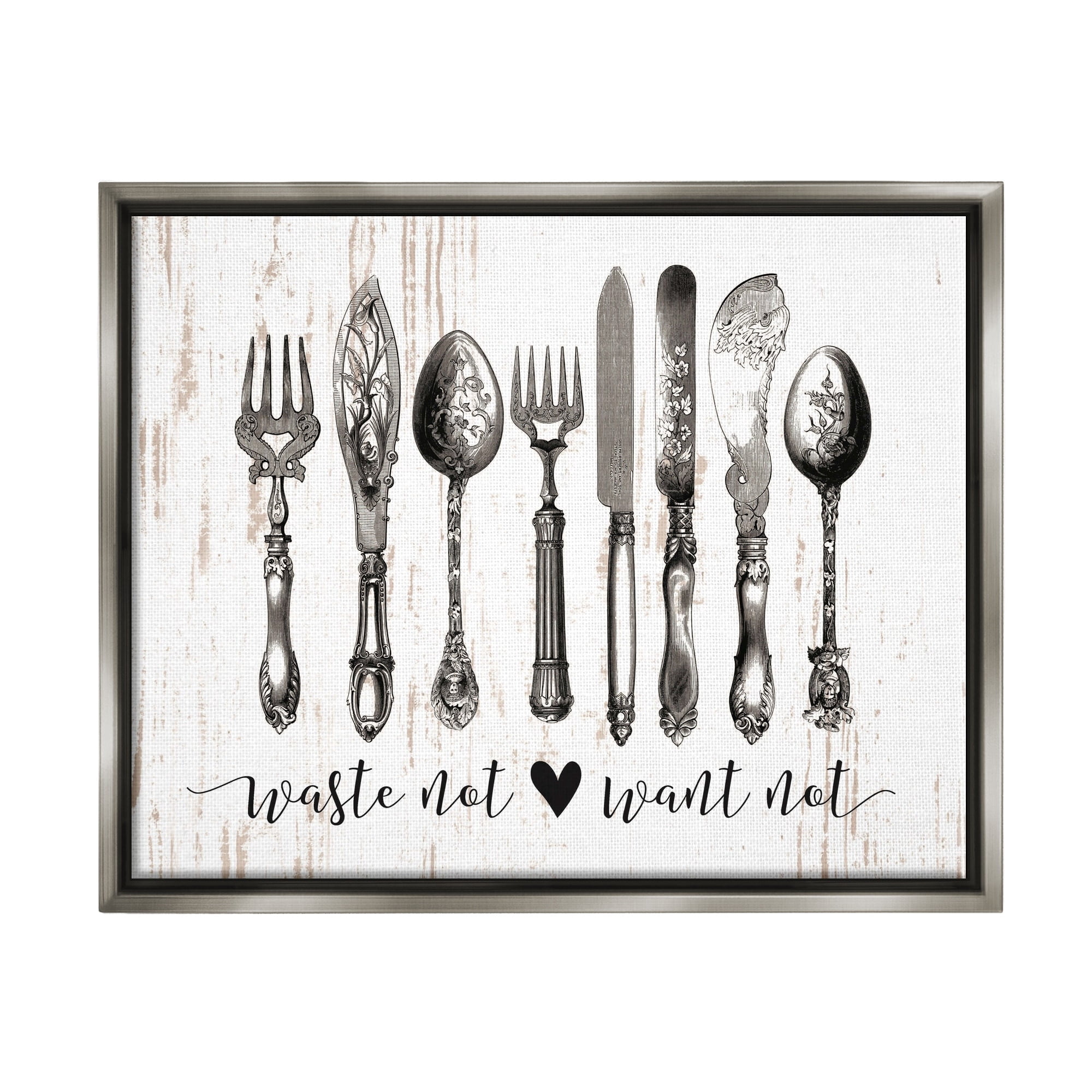 Stupell Industries Waste Not Want Not Silverware Drawing Luster Gray Framed Floating Canvas Wall Art, 24x30, by Lettered and Lined
