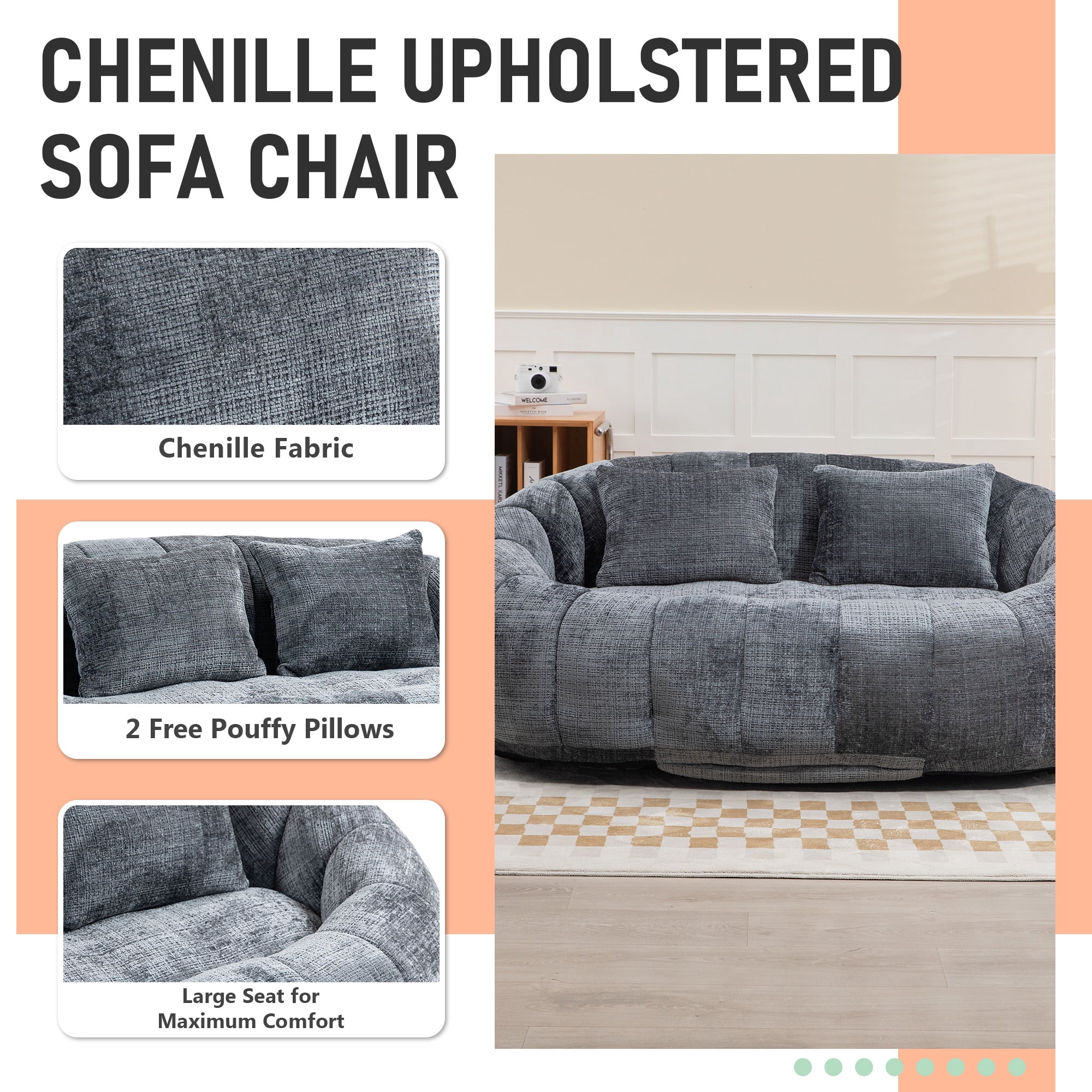 MOONMISS Chenille Durable Comfort Lounger High Back Bean Bag loveseat Lazy Sofa-Gray