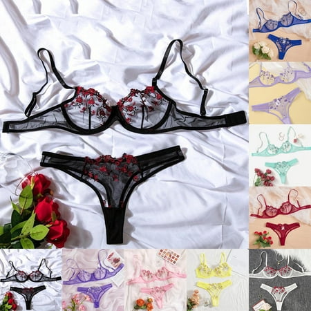 Early Bird Deal: Garter Lingerie Set  Conjunto de Lencería Con Liga  Fashion Women Sexy Lingerie Corset Lace Floral Bralette Bra Two Piece Underwear Tops+Briefs Suit SOPATENOR Black L