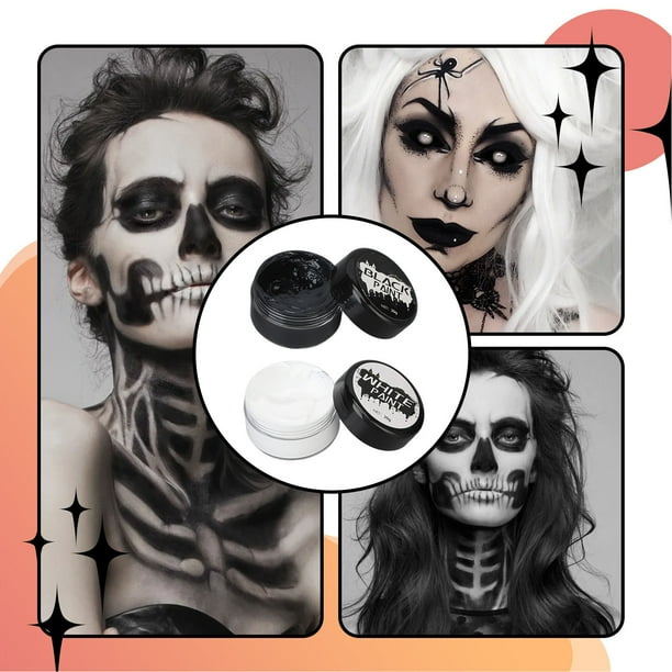 Pintura Corporal Y Facial Blanca Y Negra – Maquillaje Halloween Para Zombis, Fantasmas Y Esqueletos, Incluye 2 Pinceles, Fácil De Aplicar Y Retirar
