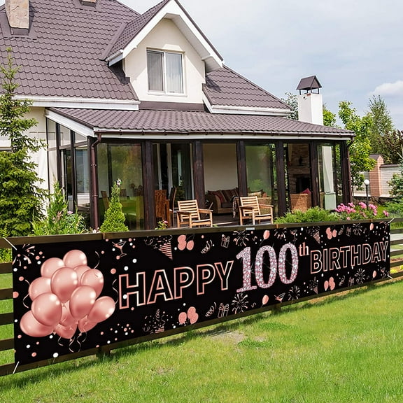 9.8x1.6FT Happy 100th Birthday Yard Banner Decorations, Rose Gold for Women's Party, Outdoor