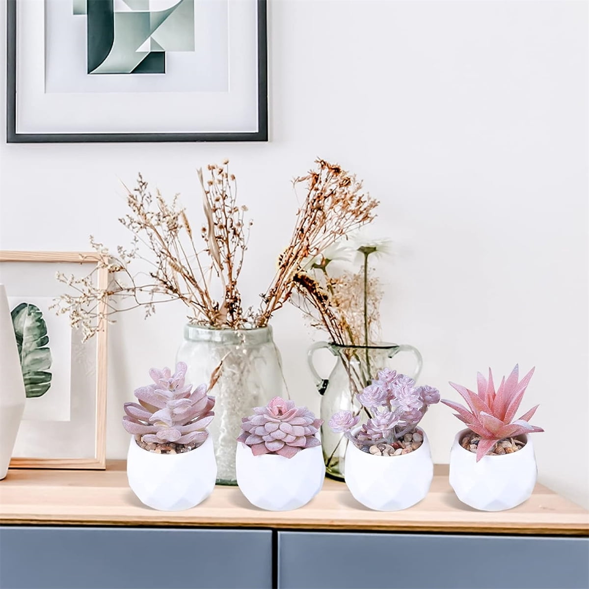 Happon 4Pcs Succulent Artificial Plants,Mini Fake Succulents Plants with Pots,Small Fake Plants for Office Decor,Desk Decor,Home Decor,Indoor Fake Simulation Plants with Pots(Pink)