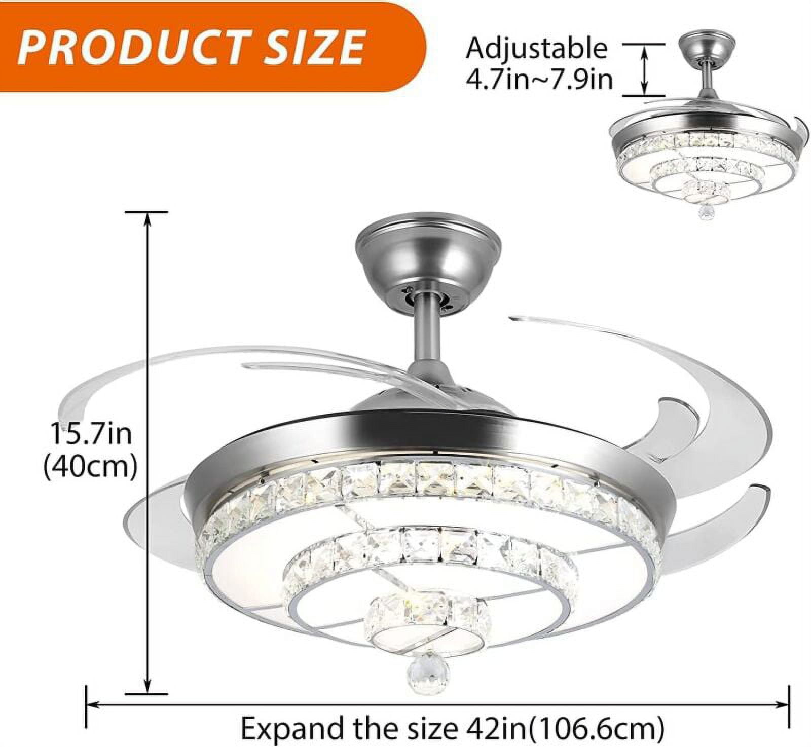 EAYSG 42'' Crystal Ceiling Fans with Lights,LED 3 Color Remote Control Retractable Invisible Blades 3 Speeds Indoor Ceiling Light with Fans