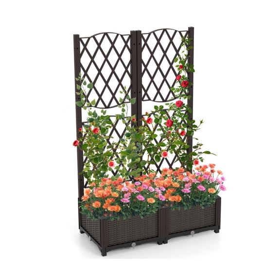 Resenkos Raised Planter Boxes, Large Space Elevated Flower Beds,Raised Garden Bed with Trellis Planter Box for Climbing Plants-Brown