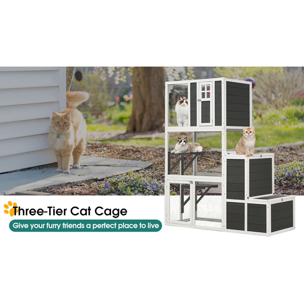3-Tier Outdoor Wooden Cat House w/ 4 Platforms, 2 Rest Boxes, Weatherproof Cat Enclosure
