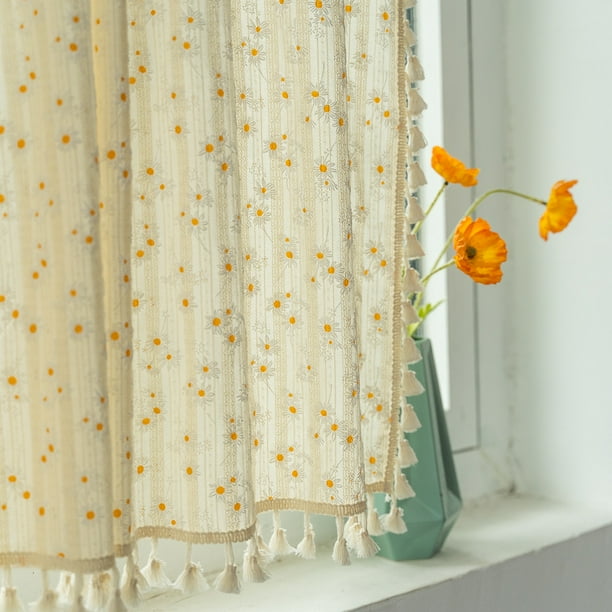 Cortinas de algodón con borlas y margaritas para cocina, cortinas cortas con varillas para colgar, cortinas de media luna color café