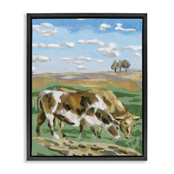 Stupell Industries Cattle Pair in Farmland Animals Painting Black Floater Framed Canvas Art Print Wall Art, 17 x 21