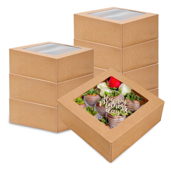 8x8x3 inch Kraft Cookie Boxes with Window, 30-Pack Brown Gift Box for Chocolates, Macarons, Donuts, Charcuterie and Baked Goods