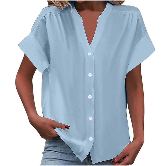 Timegard Short Sleeve Tops for Women Summer V-Neck Button down Shirts Solid Color Office Casual Loose Tops