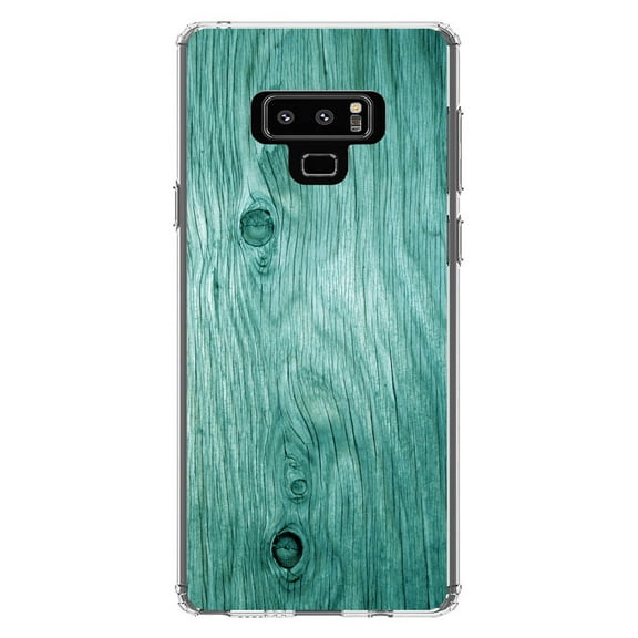 DistinctInk Clear Shockproof Hybrid Case for Samsung Galaxy Note 9 - TPU Bumper, Acrylic Back, Tempered Glass Screen Protector - Teal Weathered Wood Grain Print - Printed Wood Grain Image